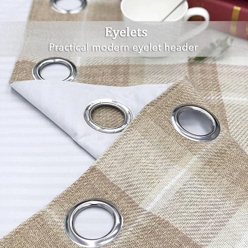 always4u 100% Blackout Curtains Check Eyelet Curtain Bedroom Plaid Woven Brushed Cheque Pair of Highland Woolen Look Window Treatment for Living Room Beige 46 * 90 Inches thumbnail 7