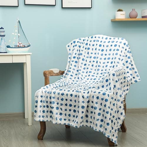 SmoothNovelty Ocean Life Coastal Ocean Beach Throw Blanket Starfish Seashell Beach Themed Throw Blankets of Blue on White for Adults for Sofa Couch Bed Room Birthday Gifts Decor 50x60in thumbnail 5