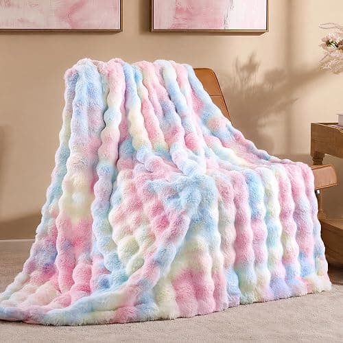 Smoofy Faux Rabbit Fur Throw for Couch - Rainbow Bubble Blanket 50"x60" | Fluffy Plush Fuzzy Colorful Throw for Sofa & Bed, Super Soft Cozy Comfort Blanket, Luxury Rainbow Decor Gift for Women - Image 1