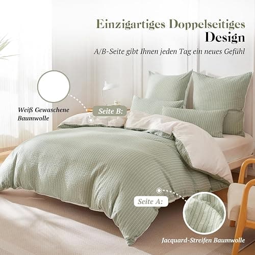 SOULFUL Bettwäsche 200x200 Baumwolle Gestreift, Jacquard Textur Bettwäsche-Set Enthält 1 Bettbezug 200x200 und 2 Kissenbezug 80x80, Bequem und Atmungsaktiv, Öko-Tex 100 Zertifiziert, Salbei Grün thumbnail 2