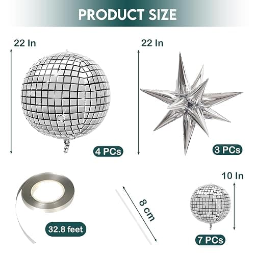 Inflatable Disco Ball Balloons Pack of 14 - 22” Silver Mylar Foil Disco Party Balloons with Star Balloons, Ribbon & Pipe for New Year's Disco Ball Decorations Party, Bachelorette, Birthday Décor thumbnail 3