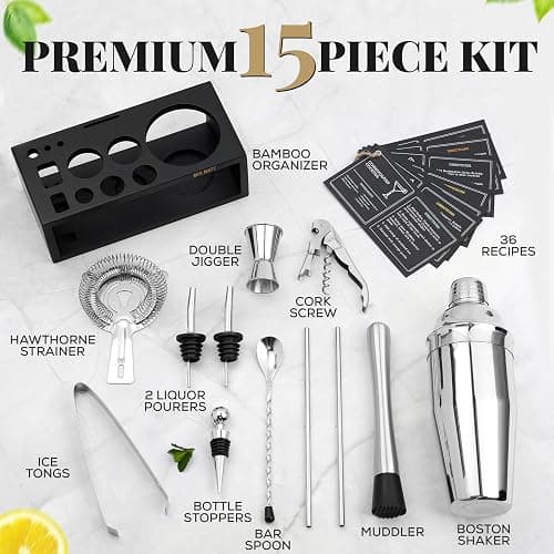 Mixology Bartender Kit with Stand | 15 Piece Bar Tool Set, Silver Bar Set Cocktail Shaker Set for Drink Mixing - Includes Martini Shaker, Jigger, Strainer, Bar Mixer Spoon, Tongs | Gift Idea (Silver) thumbnail 3
