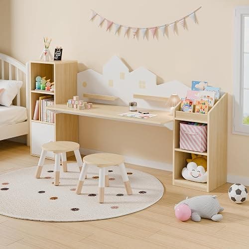Xilingol Kids Desk with Bookshelves and 2 Stools, Wooden Kids Desk and Chair Set with 5 Storage Cabinets, Children Writing Drawing Table, Student Kid Study Table for Ages 3-8, Boys, Girls, House Shape thumbnail 4