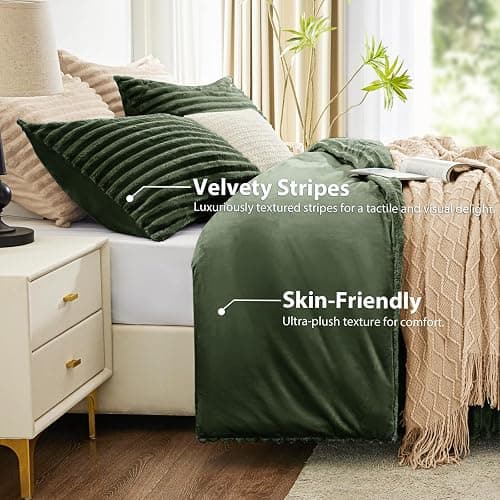 EXQ Home Fluffy Comforter Set Queen Size - Super Soft Faux Fur Stripe Jacquard Comforter 3 Pieces, Olive Green Fleece Bedding Set,Winter Warm Bed Set,1 Comforter with 2 Pillowcases thumbnail 3
