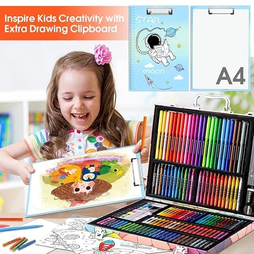 Art Supplies, 180 Pack Drawing Painting Set for Kids Girls Boys Teens, Coloring Art Kit Gift Case with Clipboard, Coloring Papers, Oil Pastels, Crayons, Colored Pencils, Watercolor Cakes, Markers thumbnail 4