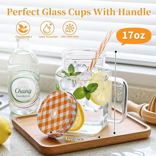 Elitrivox Mason Jar Cups, 17oz Mason Jar with Handle, Mason jar Drinking Glasses with Lids and Straws, Glass Bottle Mugs for Smoothies Juice Cold Drinks Beverages, Set of 4 thumbnail 3