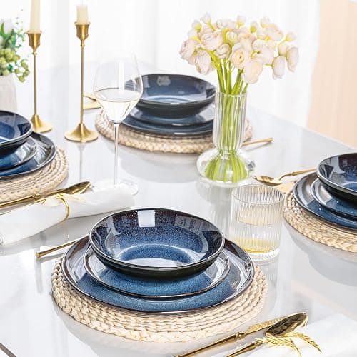LeRatio Ceramic Dinnerware Sets for 4,Wavy Reactive Glaze Stoneware Plates and Bowls Sets,Highly Scratch Resistant | Dishwasher & Microwave,Oven Safe Dishes Set(12PCS) thumbnail 7