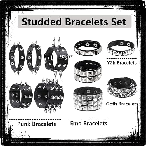 10 Pieces Studded Bracelet, Emo Spiked Bracelets Y2k Black Leather Rivet Punk Bracelet Rock Cuff Goth Bracelets Punk Accessories Halloween for Men Women thumbnail 3