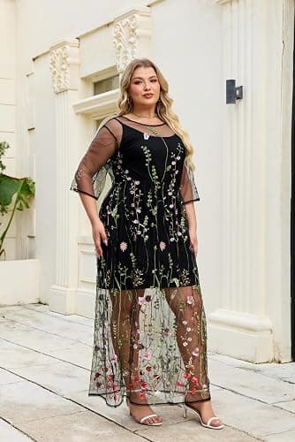 BaronHong Women's Floral Embroidered Tulle Prom Half-Sleeve V Neck Midi Dress with Waist Strap thumbnail 3