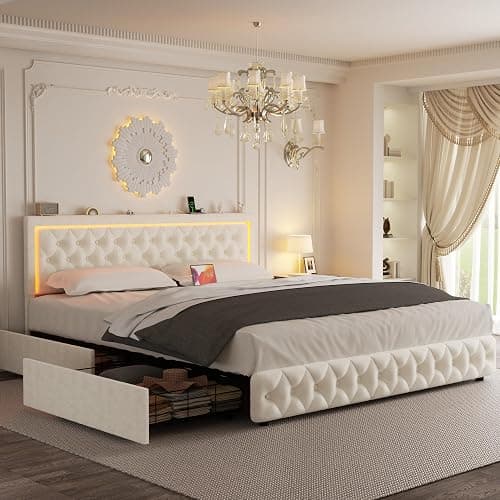 VOHOBY King Bed Frame with 4 Storage Drawers, Velvet Upholstered Bed Frame King Size with Charging Station and LED Lights, 46" Adjustable Button Tufted Headboard, No Box Spring Needed, Beige - Image 1