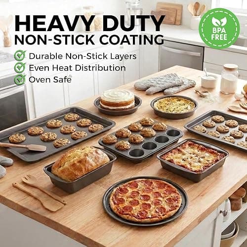PERLLI Non-Stick 8-Piece Bakeware Set – Carbon Steel with Even Heat Distribution, Oven Safe to 446°F, BPA-Free, Dishwasher Safe, Stackable Baking Tools for Easy Storage and Everyday Cooking - Gray thumbnail 4