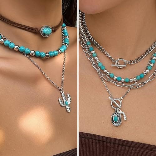 IFKM Bohemian Jewelry Set With Turquoise Necklace, Dangle Earrings, Stackable Bangle Bracelets, Knuckle Rings For Women Vintage Western Boho Turquoise Anniversary Birthday Friendship Gift thumbnail 2