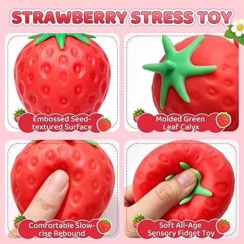 4 Pcak Strawberry Squish Stress Balls, Cute Bulk Strawberry Squeeze Toys | Fruit Squishies Toy, Big Kawaii Sticky Stress Fidget Toy for Kids, Teen Boys Girls Birthday Gift Ideas thumbnail 3