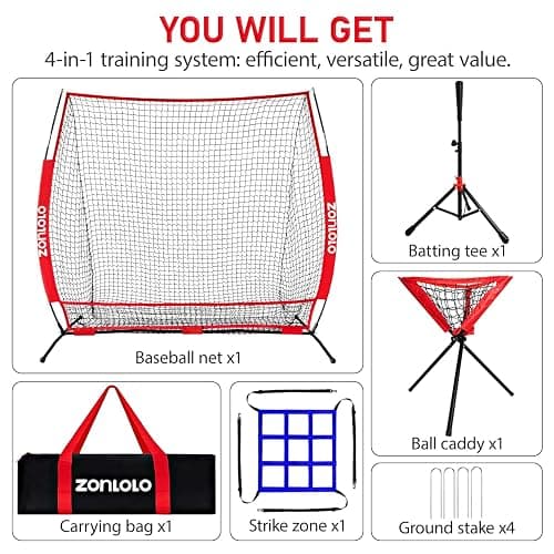 ZONLOLO 6x6ft Portable Baseball & Softball Net for Hitting，Pitching, Batting and Throwing, with Sturdy Bow Frame,Batting Tee, Ball Caddy and Strike Zone, Middel Size, Great for Kids! thumbnail 3