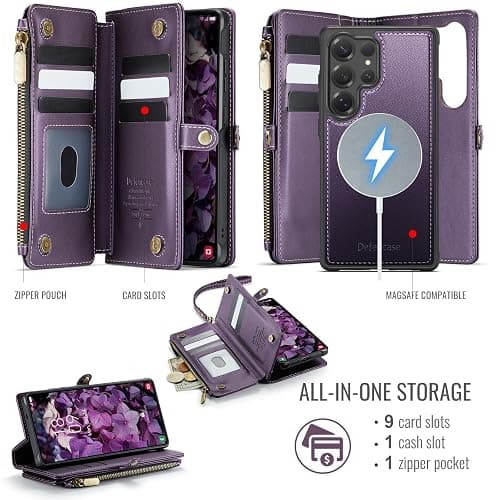 Defencase for Samsung Galaxy S25 Ultra Magnetic Wallet Case Compatible with Magsafe with RFID Blocking Zipper & Card Holder Women, PU Leather Detachable Phone Case for Galaxy S25 Ultra 6.9", Purple thumbnail 2