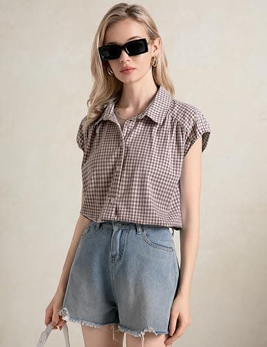LOMON Womens Button Down Shirts Short Cap Sleeve Summer Cotton V Neck Collared Stripes Blouses Casual Plaid Tops thumbnail 5