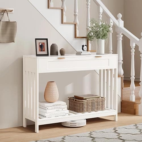 Entryway Table with Drawers Narrow Accent Sofa Table with Storage Shelf, Modern Wooden Console with Drawer Entry Table Storage Slats Shelf for Living Room,Entryway, Foyer, Hallway, White thumbnail 5