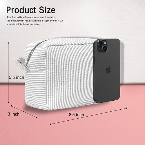 MT WORLD Personalized Makeup Bag Cute Cotton Cosmetic Bag for Women Seersucker Bridesmaid Travel Makeup Bag for Girls Aesthetic Toiletry Bag Organizer Storage Pouch (Grey) thumbnail 3