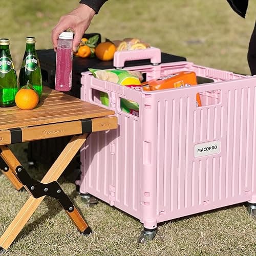 MACOPRO Folding Utility Cart Portable Rolling Crate Handcart Shopping Trolley Collapsible Tool Box, with Lid, Basket on 4 Rotate Wheels, for Grocery, Shopping, Office, Teacher (Pink) thumbnail 2