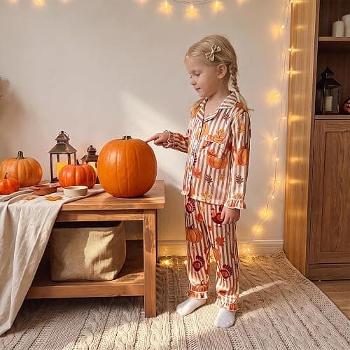 Kids Thanksgiving Pajamas Toddler Girl Turkey Pajama Shirt Pants Set | Little Girl Ruffle Cuffs Long Sleeve Button Down Shirt Stain Pants Set Loungewear Sleepwear Two Piece Pjs Set thumbnail 4