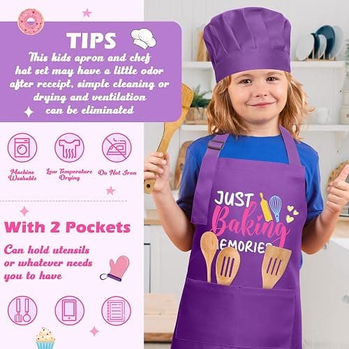 R HORSE 2Pcs Kid Apron And Chef Hat Set, Adjustable Children Purple Kitchen Apron, Dress up Role Play Chef Toy, Cooking Baking Painting Kit Kid Funny Cooking Gift Birthday New Year Christmas Gift thumbnail 4