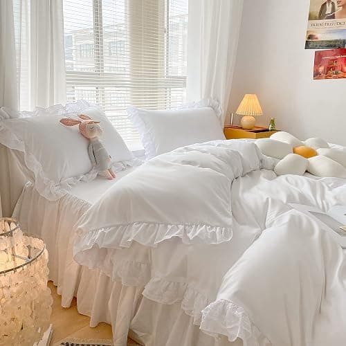 MOOWOO Chic Ruffle Lace Polyester Duvet Cover Set -Girl White Bedding-3 Piece Queen Duvet Cover with Zipper Closure -Ultra Soft and Light Weight (White, Queen)-No Comforter thumbnail 2