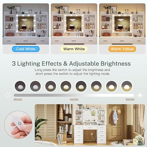 FIONESO Vanity Desk with Mirror and Lights, Power Outlet, Makeup Vanity with 9 Drawers & 6 Open Storage Shelves, 3 Lighting Modes Brightness Adjustable, White thumbnail 5