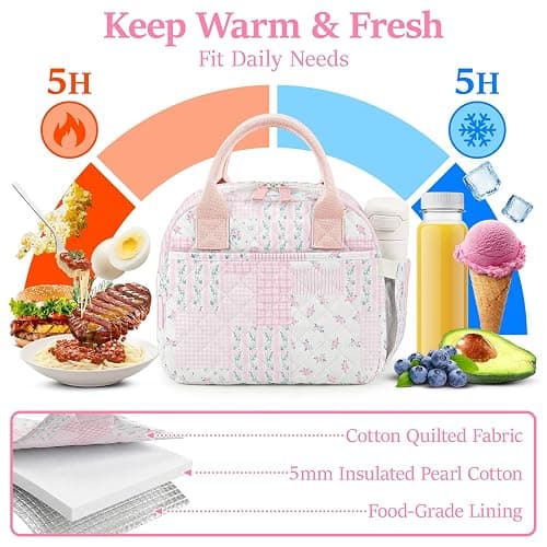 WOBAGMEN Quilted Lunch Box for Adult Women,Cute Floral Insulated Lunch Tote with Front Zipper Pocket, Aesthetic Coquette Style Reusable Lunch Box Bag for Work Gym Travel Picnic (pink hua pin, M) thumbnail 5