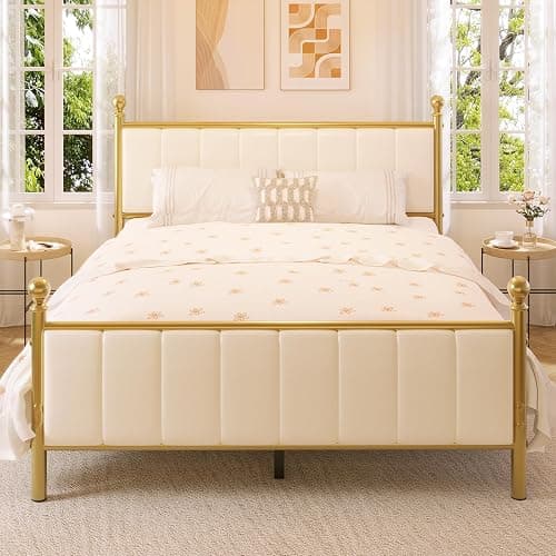 E-Motie Full Size Bed Frame with Headboard, Upholstered Platform Metal Beds Frame Full, Supported by Strong Metal Slats, No Box Spring Needed, Easy Assembly, Noise-Free, Gold - Image 1