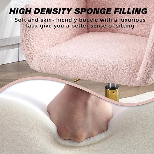 KCC Faux Fur Vanity Makeup Desk Chair, Comfy Fluffy Swivel Modern Leisure Armchair with Wheels, Upholstered Fuzzy Height Adjustable for Teens Women Girls Elegant Home Office, Pink thumbnail 6
