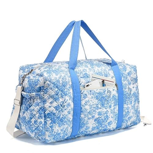 Dansydaisy Large Quilted Travel Duffle Bag for Women Floral Portable Gym Weekender Bag with Zipper Pockets Workout Grocery Pouch Duffle Gift Pouch for Christmas Work(Blue Floral) - Image 1
