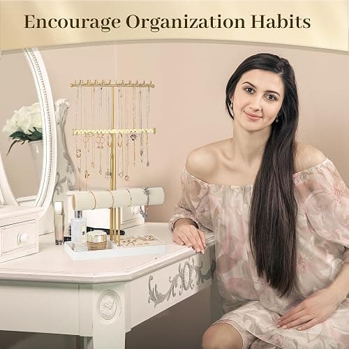 3-Tier Adjustable Jewelry Holder Organizer Stand with 20 Necklace Hooks, 18 Earring Holes and Notches, Bracelet Holder, 6 Ring Rolls, Jewelry Tray for Girls, Women thumbnail 7