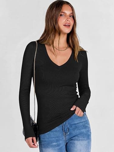 ANRABESS Women's Long Sleeve Deep V Neck Tops Dressy Casual Shirts | Fall Business Work Blouse, Basic Tee Shirt, Slim Fit, Stretchy Soft Ribbed Knit Fabric, Winter Layer Vacation &Every Day Wear thumbnail 6