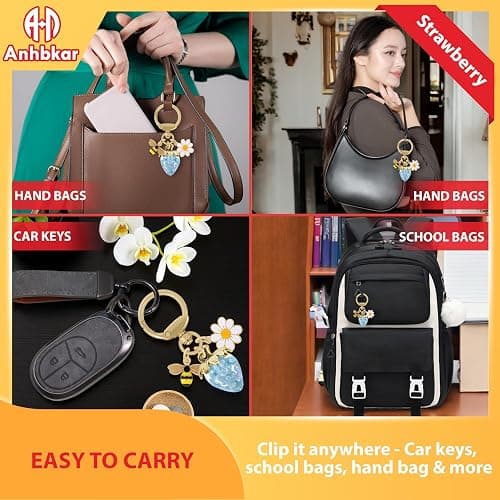 ANHBKAR Strawberry Bag Charm with Keychain Accessories for Women, Girls | Cute Flower, Bee, Ladybug and Rabbit Charm Styles Available thumbnail 6