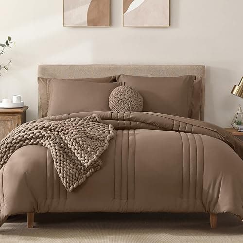 Monbix Queen Comforter Set - 7 Pieces Raw Umber Bed in a Bag Queen Bedding Sets with Comforters, All Seasons Comforter Bed Set with Sheets, Pillowcases & Shams - Image 1