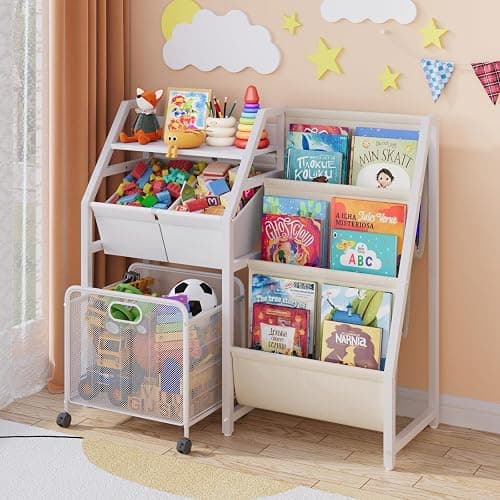 LATIBELL Kids Bookshelf Toy Storage Organizer & 2 Bins，3 Tier White | Kids Bookcase Equipped With Movable Drawer And 2 Toy Bins, Storage Organizer For Bedroom, Playroom And Classroom - Image 1