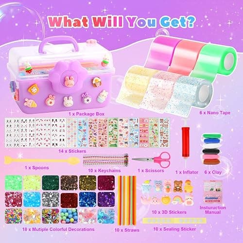 Lokuc Nano Tape Bubble Kit for Kids with Box, 19.7Ft Nano Tape Squishy Maker with Glitter, Clay, Beads, Stickers and Tutorials, Gifts for Boys Girls Aged 4, 5, 6, 7, 8, 9 Years Old thumbnail 3