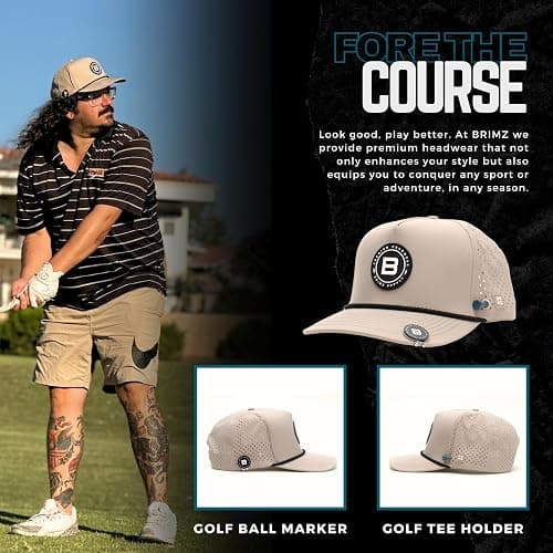 BRIMZ Golf Performance Hat - Tee Holder & Magnetic Ball Marker - Breathable, Sweat & Water Resistant Golfing Snapback Hat - Brimz - Tan thumbnail 4