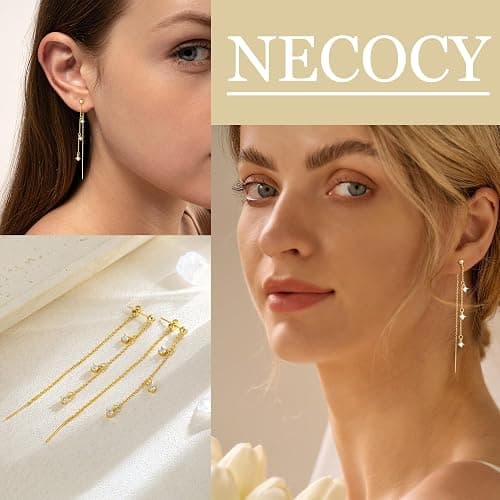 NECOCY Gold Dangle Earrings for Women Non Tarnish 14K Gold Plated Drop Wedding Hypallergenic Earring Dainty Long Hanging Chain CZ Pearl Threader Earrings Trendy Silver Plated Jewelry for Women thumbnail 3