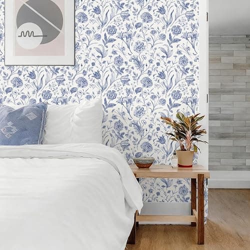 lenify Floral Peel and Stick Wallpaper Blue Contact Paper 16.9inch x 118.1inch Blue and White Wallpaper Boho Removable Vintage Wall Paper Self Adhesive Flower Decor Vinyl for Cabinets Drawer thumbnail 4