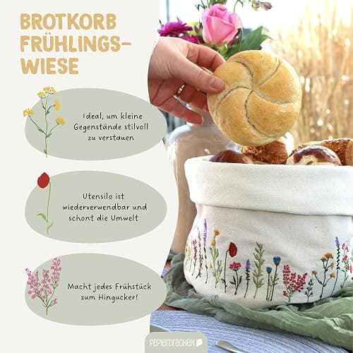 Papierdrachen Brotkorb "Frühlingswiese" - charmante Tischdekoration - mit hochwertiger Blumenbestickung in Wiesenoptik thumbnail 4