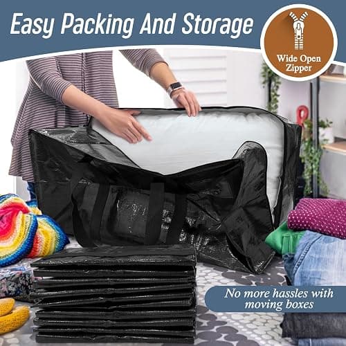 6 Pack Extra Heavy Duty Large Moving Bags with Strong Zipper & Comfortable Handles, Sturdy & Durable Clothes Storage Bags Totes Bins, Packing Moving Boxes for College Supplies, Black thumbnail 5