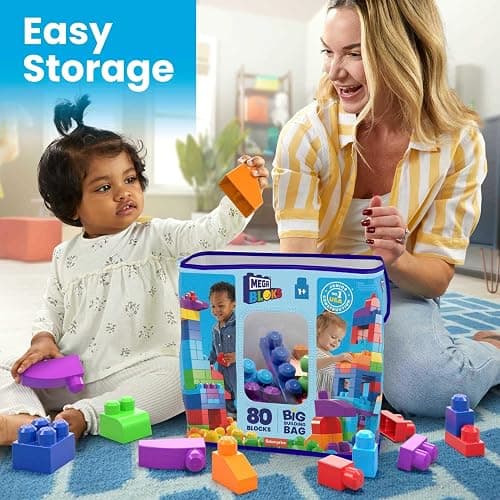 MEGA BLOKS First Builders Toddler Blocks Toys Set, Big Building Bag with 80 Pieces and Storage, Blue, Ages 1+ Years - Blue thumbnail 7