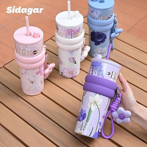 Sidagar 24 oz Stainless Steel Tumbler with Lid and Straw, Insulated Coffee Mug, Leak Proof, Portable Iced Travel Water Bottle, Reusable Thermal Coffee Cup, Floral Pink thumbnail 9