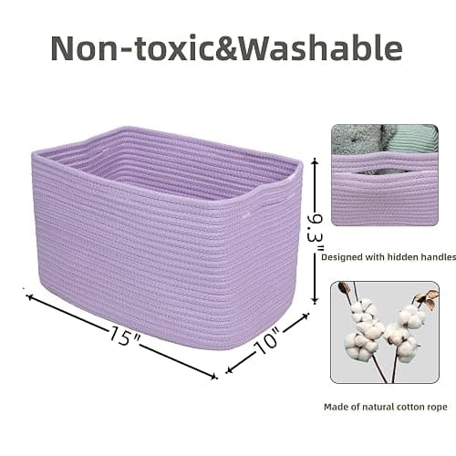 Cotton Rope storage Basket Bins Woven Basket for Organizing Shelves 15X10X9.3" Rectangle Decorative Baskets For storage Clothes Toys Books Towels Nursery basket organizer 3 pack purple or lavender thumbnail 3