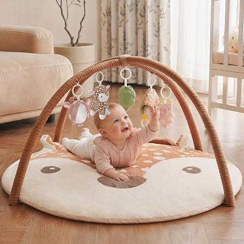 2PM SPORTS Baby Play Gym Tummy Time Play Mat with 5 Detachable Toys – Deer Theme, Machine Washable Baby Playmat for Sensory Development, Activity Mat for Newborn Infant 0-6 6-12 Months, Baby Gift - Image 1