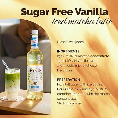 Monin Premium Vanilla Sugar Free Syrup 1L For Coffee And Cocktails. Vegan-Friendly, Allergen-Free, 100 Percent Natural Flavours And Colourings. Sugar-Free Vanilla Coffee Syrup | Vegan Friendly, also cocktails, same great taste with no added sugar, 100% natural flavours and colourings, latte creation thumbnail 3
