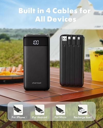 Charmast Power Bank with Built in Cables, 10000mAh USB C Battery Pack 6 Outputs 2 Inputs with LED Display Type C Powerbank Portable Charger Compatible with Smartphones Tablets and More (Black) thumbnail 2