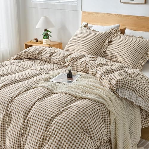 kisswish Gingham Duvet Cover Queen Size, 3 Pieces Soft Breathable Microfiber Plaid Comforter Cover with Zipper Closure & 2 Pillow Shams, Ruffle Farmhouse Vintage Decor, Taupe thumbnail 6