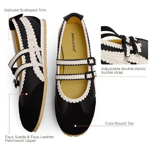 Adolilove Ballet Sneakers for Women Mary Jane Flats Walking Shoes Slip On with Elastic Straps with Memory Foam Insole thumbnail 4